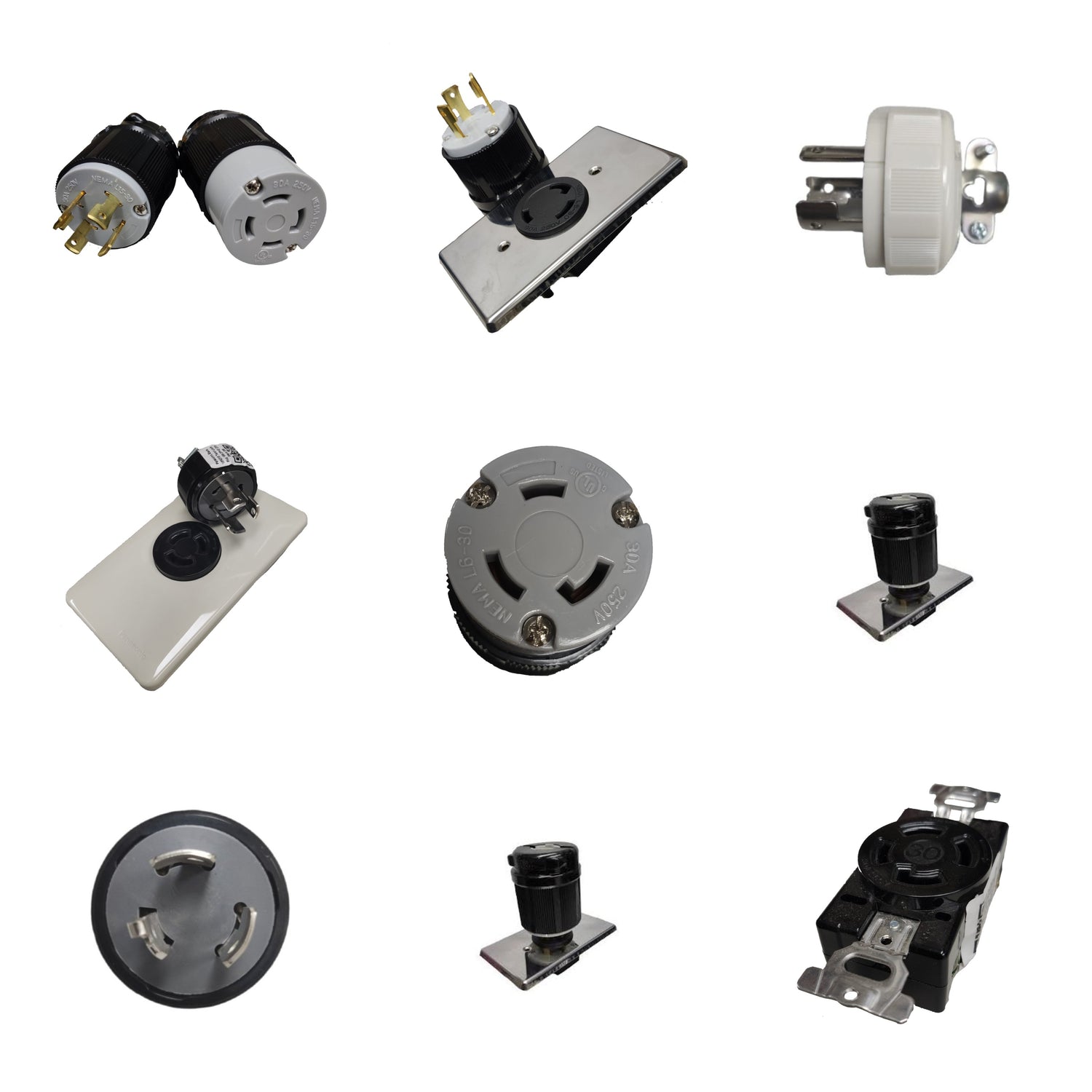 Various twist lock electrical connectors including plugs and outlets for secure electrical connections