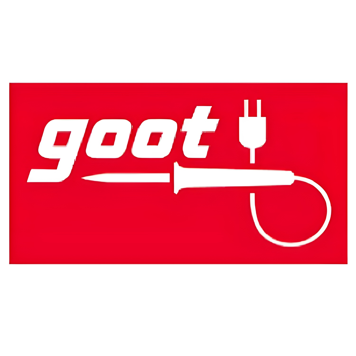 Goot soldering tools Japan logo with white soldering iron and plug on red background