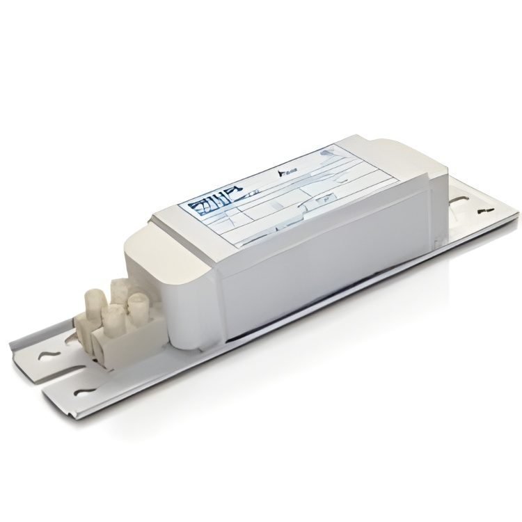 Magnetic ballast for fluorescent lamps with a white rectangular casing and mounting bracket