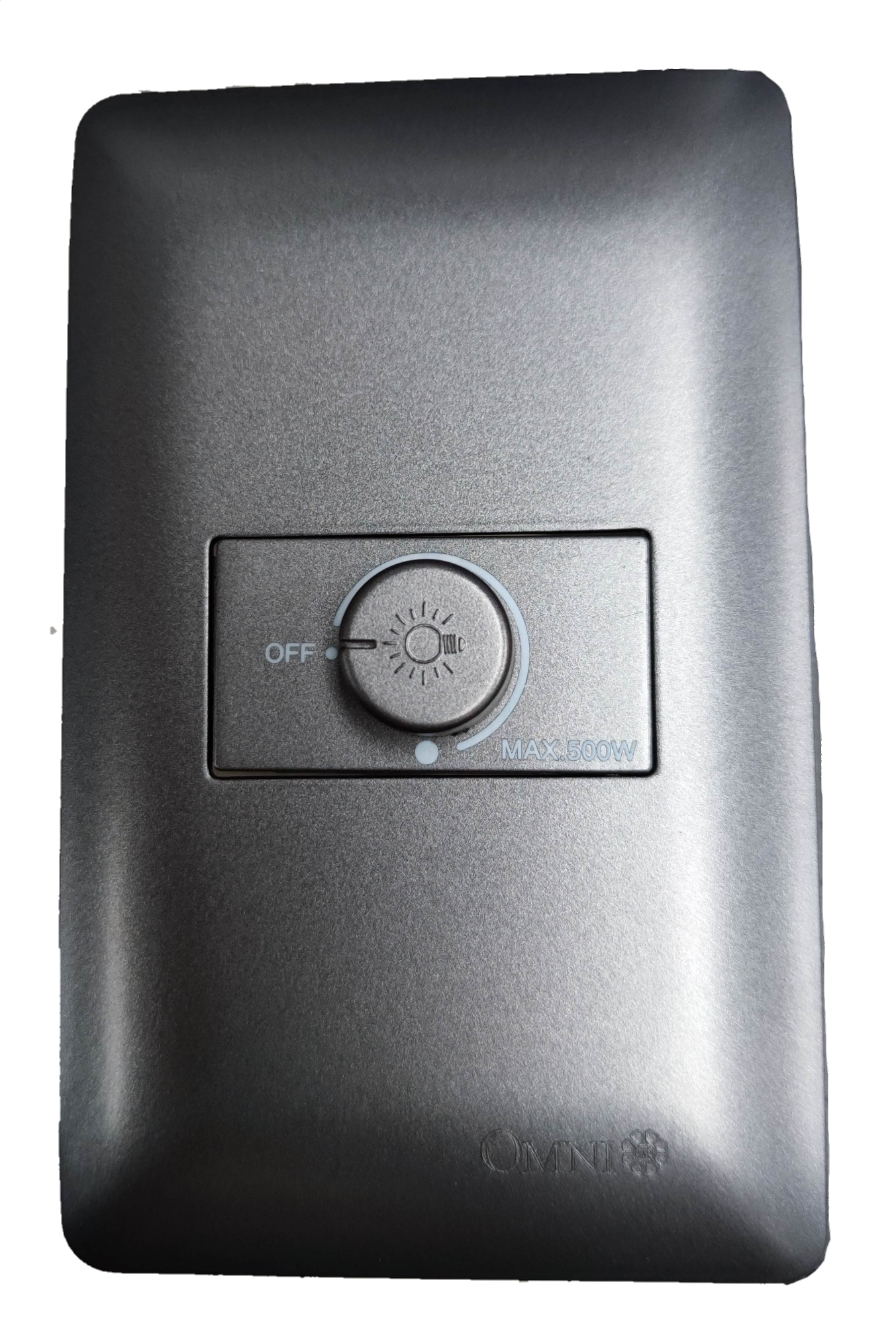 Omni 1 Gang 500W Dimmer Switch 220V in sleek silver design with adjustable knob for customized lighting