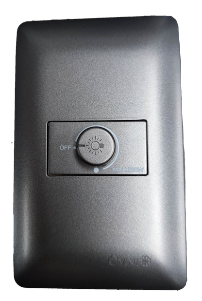 Omni 1 Gang 500W Dimmer Switch 220V in sleek silver design with adjustable knob for customized lighting