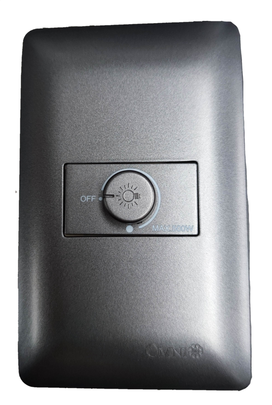 Omni 1 Gang 500W Dimmer Switch 220V in sleek silver design with adjustable knob for customized lighting