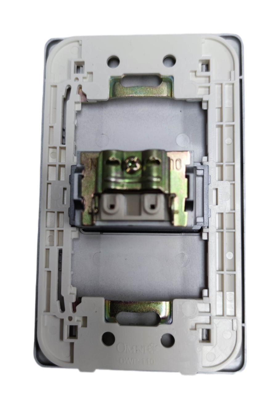 Omni 1 gang cable TV outlet with white plastic frame and metal connectors for wall mounting