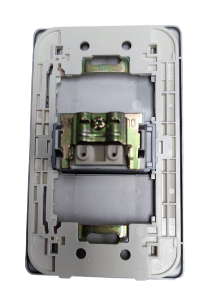 Omni 1 gang cable TV outlet with white plastic frame and metal connectors for wall mounting