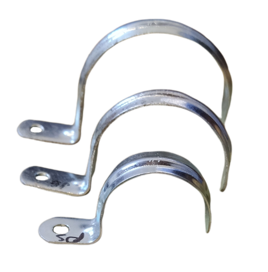 Set of three 1 inch metal pipe Malleable clamps for securing pipe installations and repairs