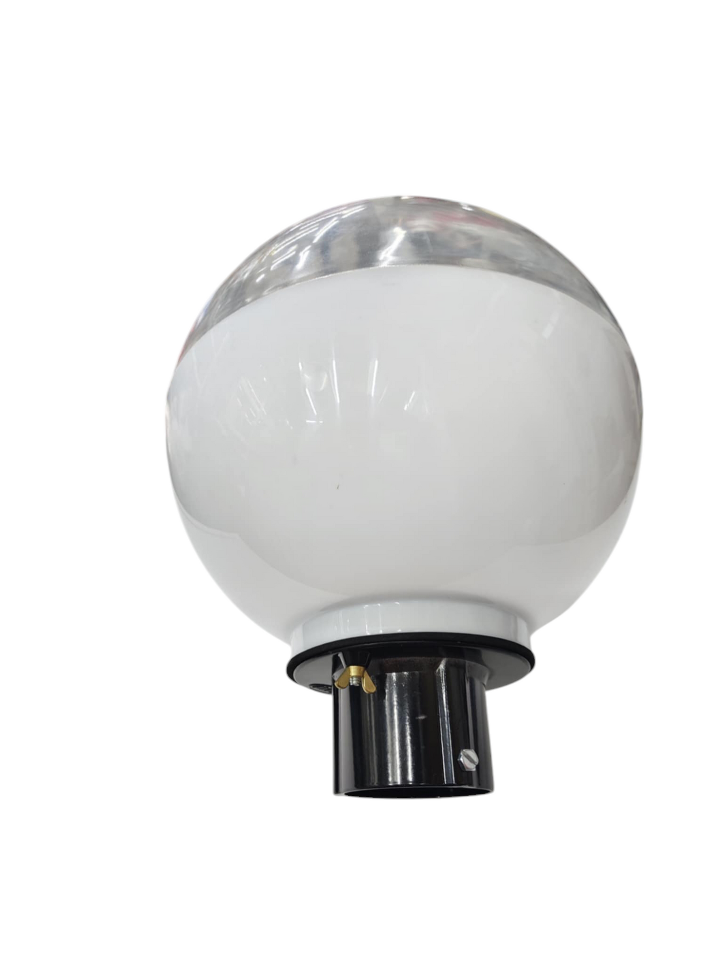 Amco 10 inch acrylic post light globe with black mounting base for outdoor lighting installation