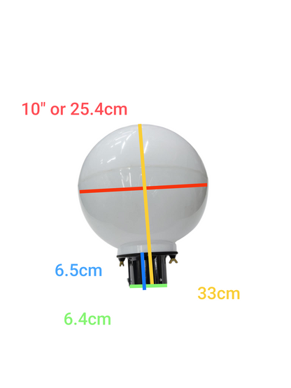 Amco 10 inch acrylic post light globe with measurements displayed for lighting installation accessories