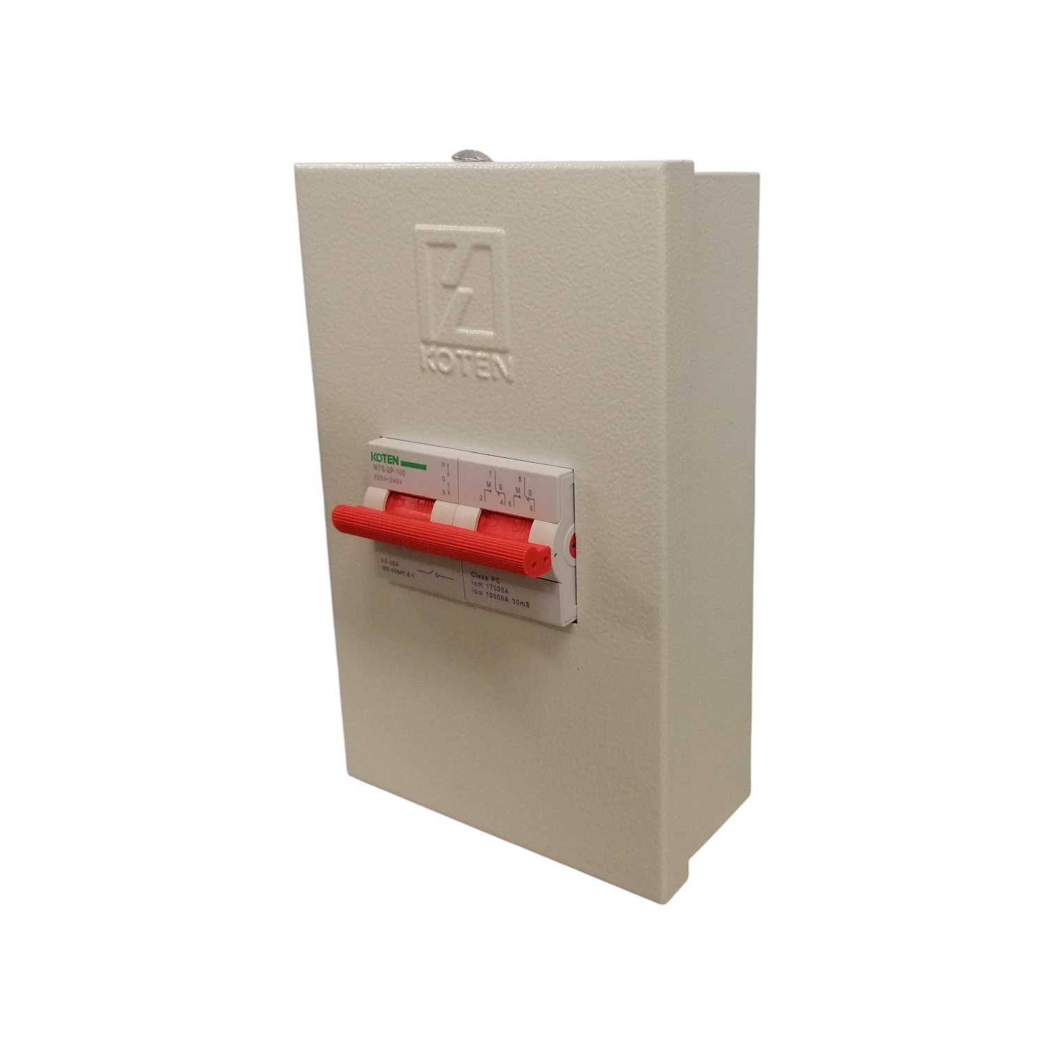 Koten 100 amp 2 pole transfer switch with a durable housing and red switch lever for easy operation