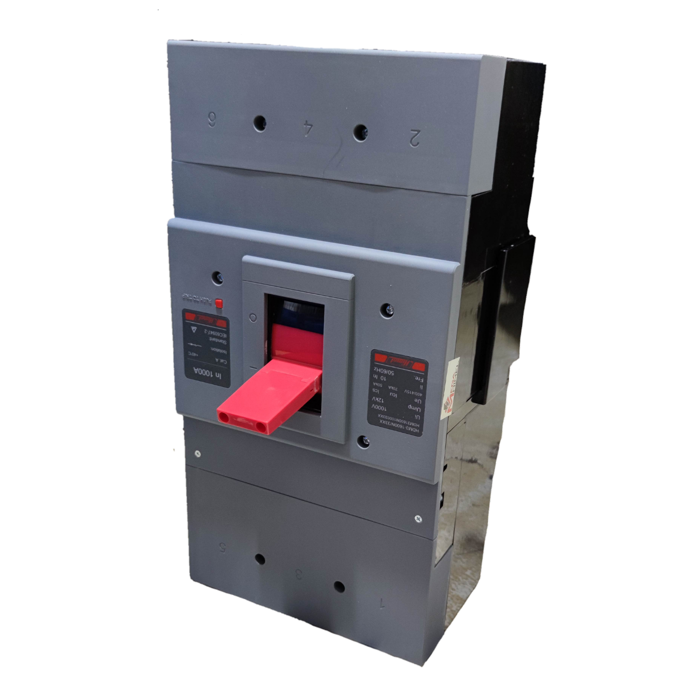 Himel 1000A Industrial Circuit Breaker 3 Pole with red switch handle and gray casing