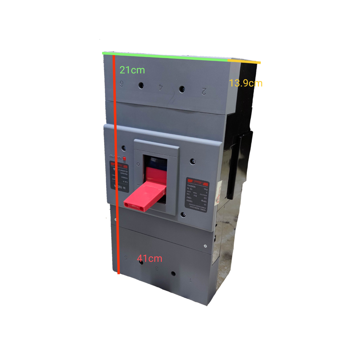Himel 1000A Industrial Circuit Breaker 3 Pole in gray with red switch handle and detailed labels