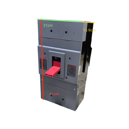 Himel 1000A Industrial Circuit Breaker 3 Pole in gray with red switch handle and detailed labels