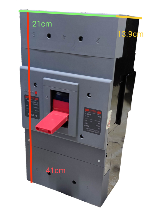 Himel 1000A Industrial Circuit Breaker 3 Pole in gray with red switch handle and detailed labels