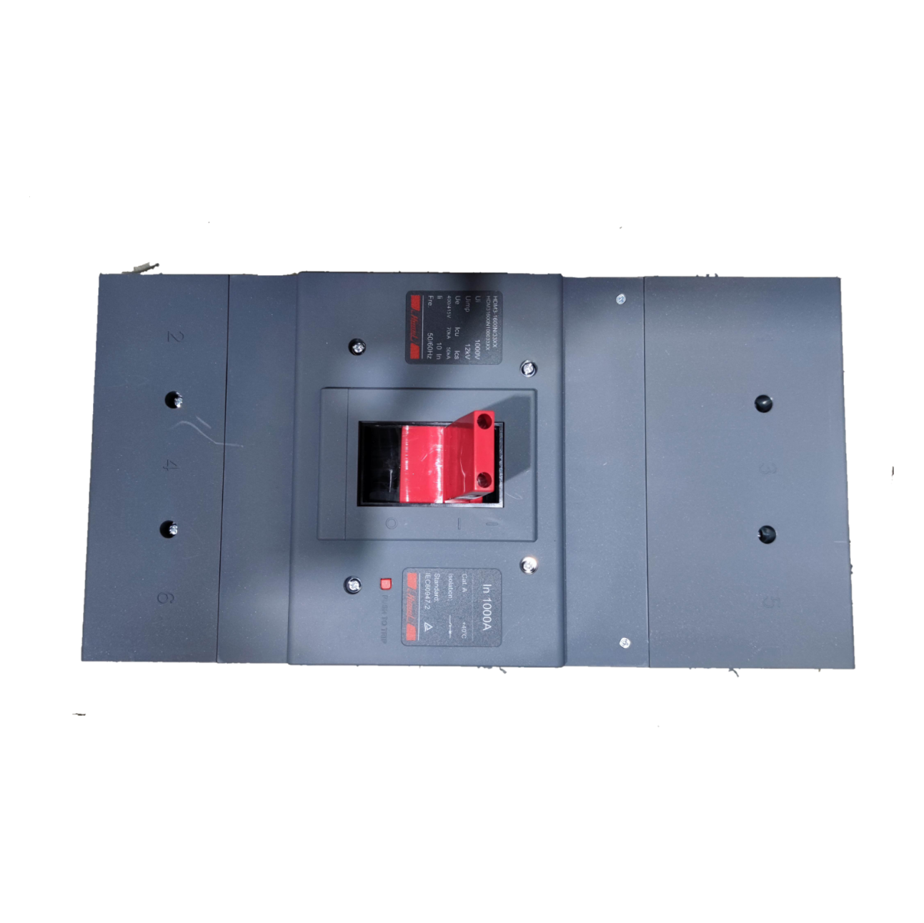 Himel 1000A Industrial Circuit Breaker 3 Pole with red switch and gray casing for electrical protection