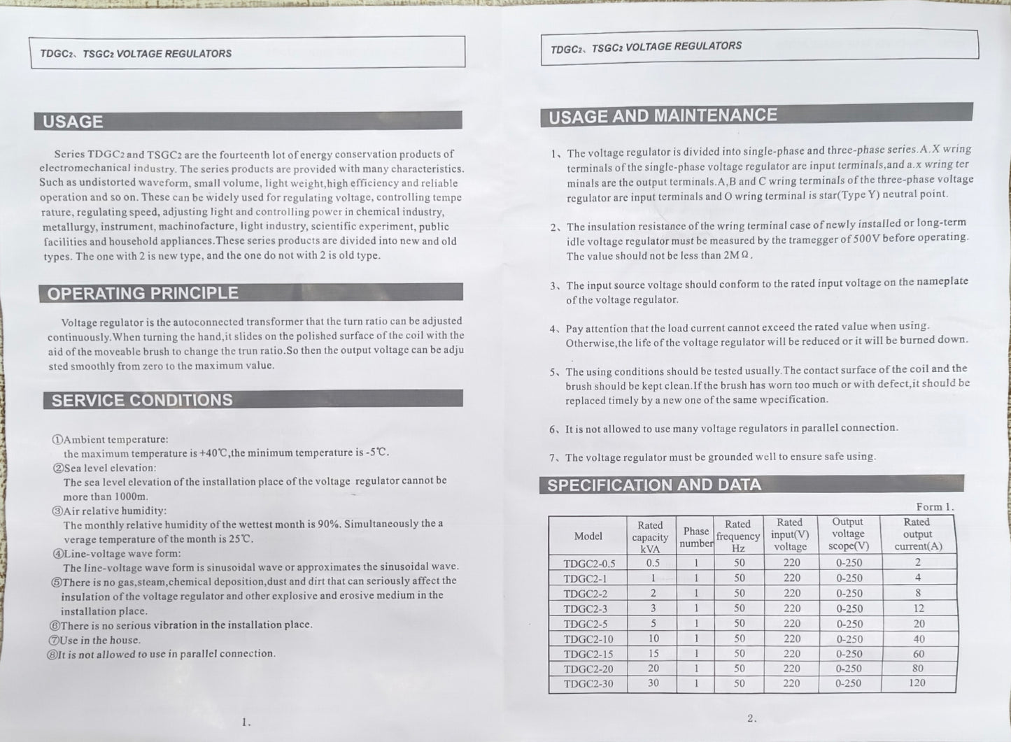 Wixim 1000W Variac 220V Input 0-250V AC transformer voltage regulator with usage and maintenance instructions