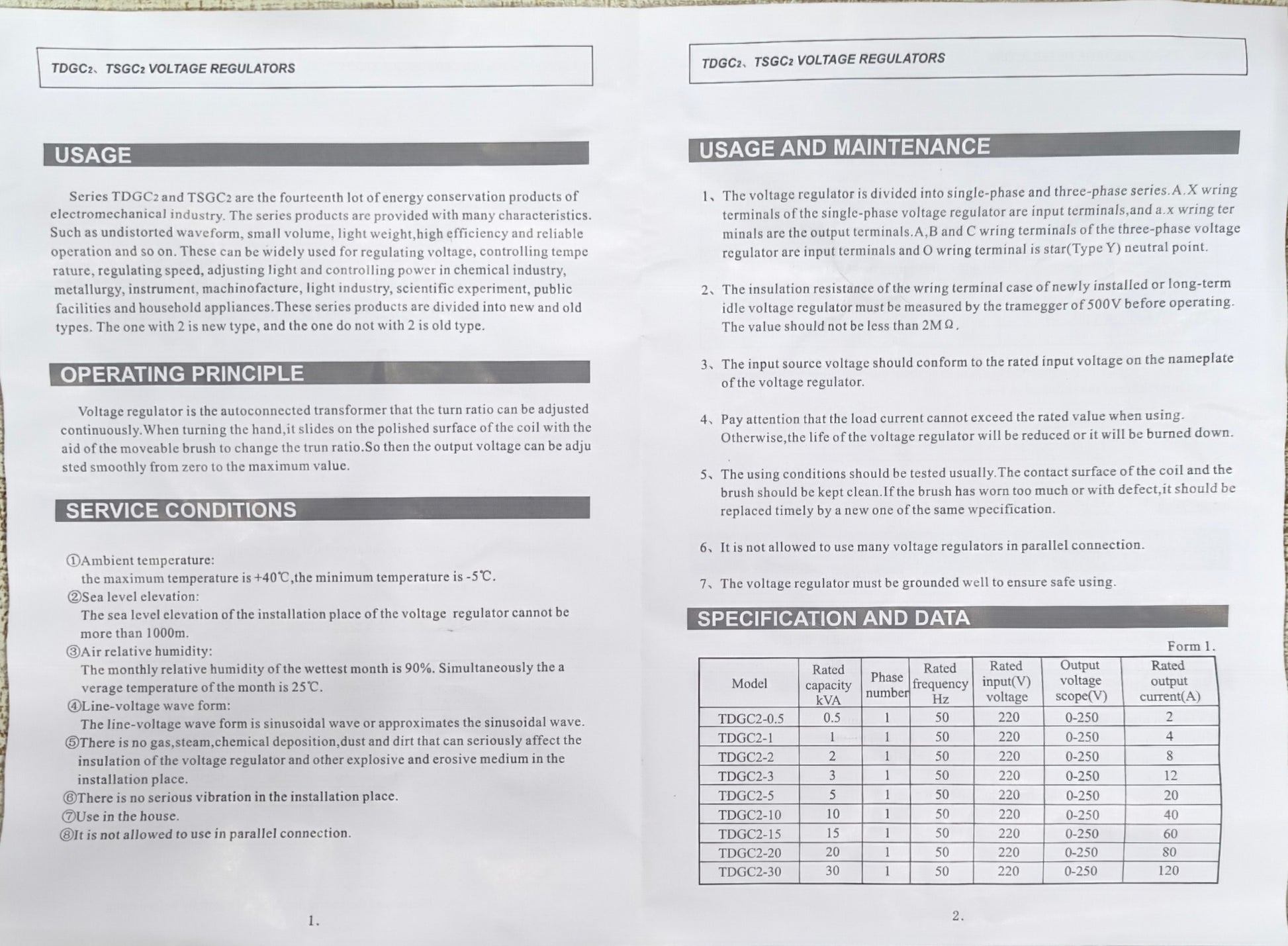 Wixim 1000W Variac 220V Input 0-250V AC transformer voltage regulator with usage and maintenance instructions