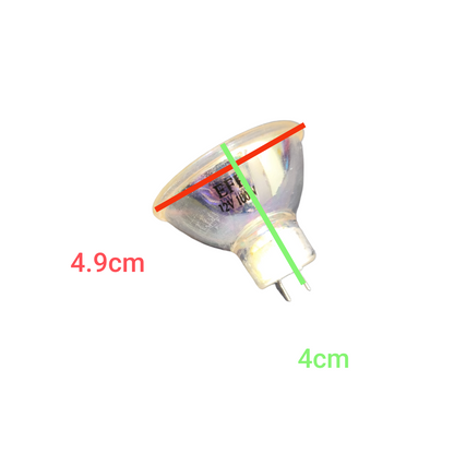 Stanley 100W 12V MR16 Dichroic Halogen Bulb with clear glass and two-pin base showing measurements