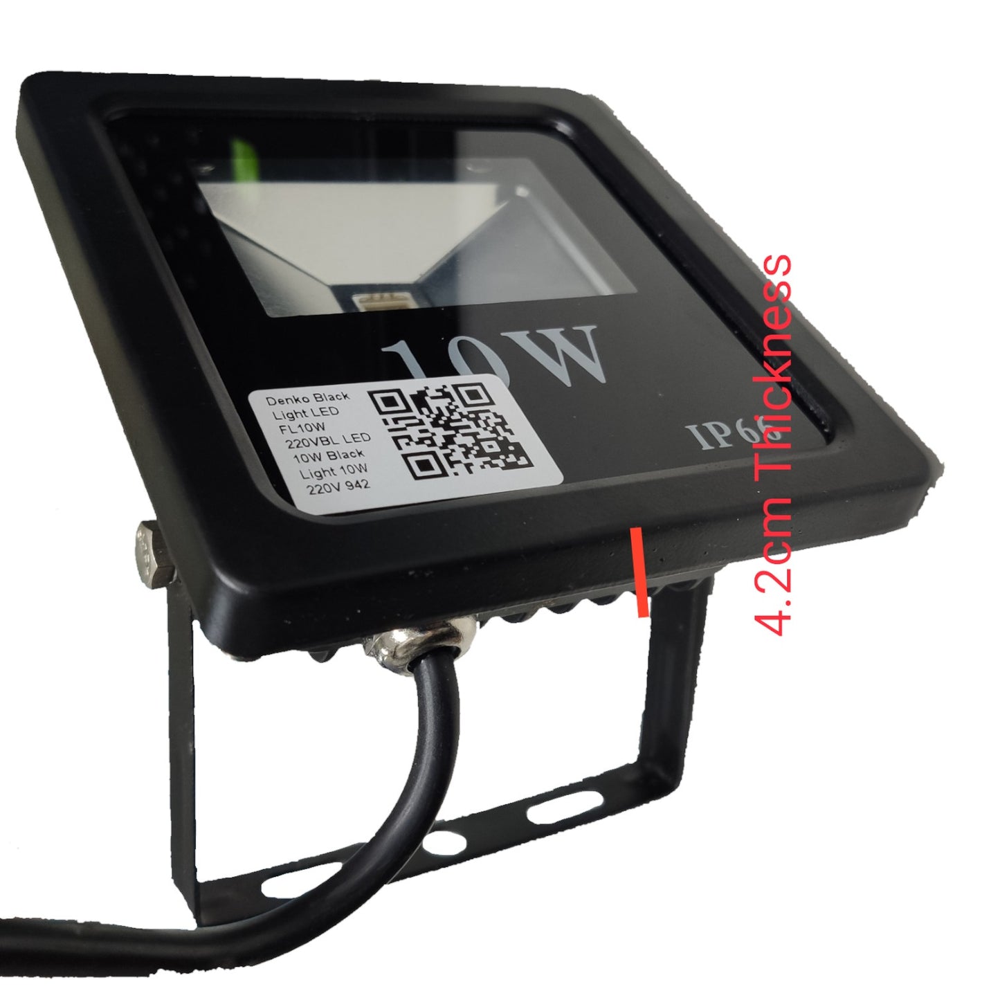 Black LED flood light with specifications on a white background