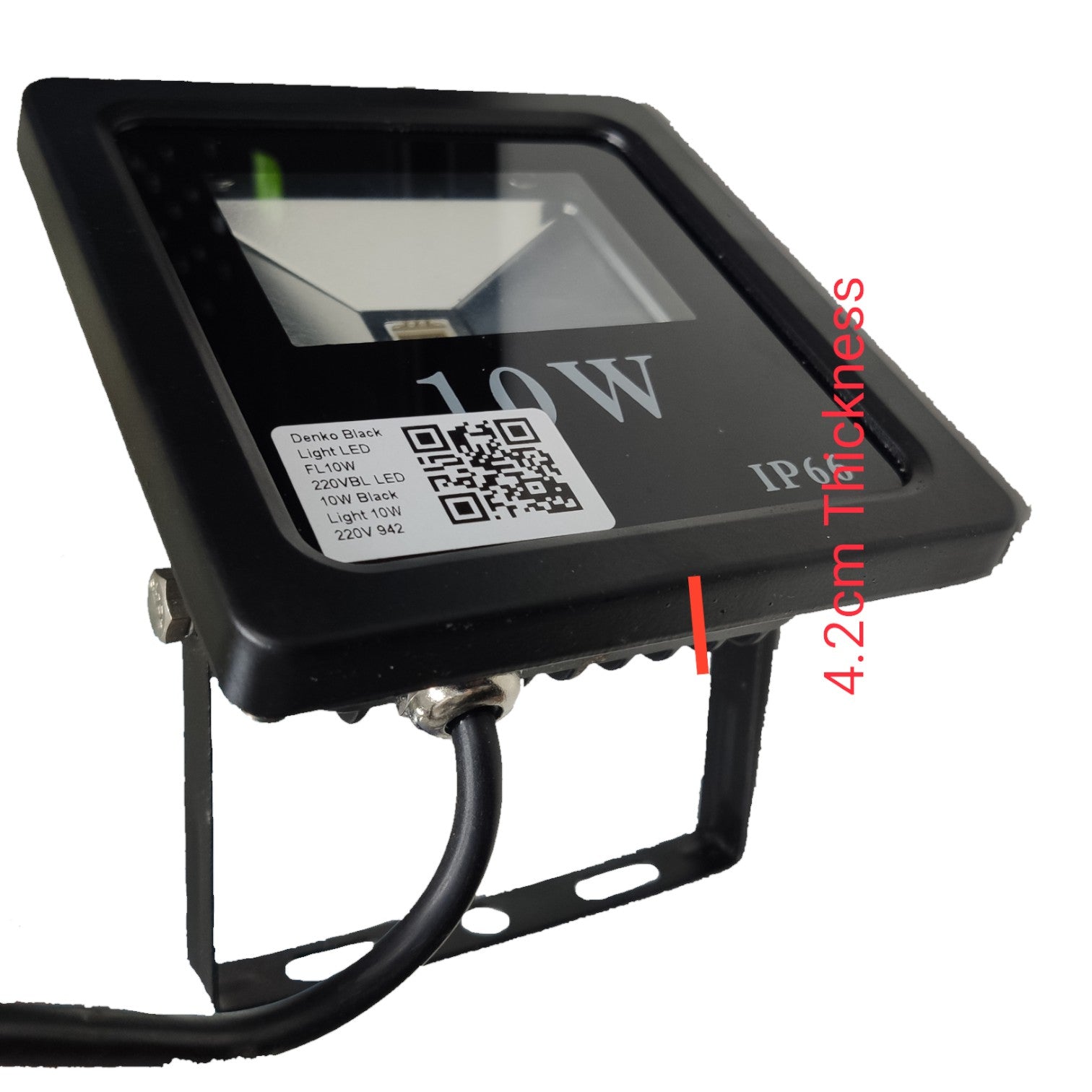 Black LED flood light with specifications on a white background