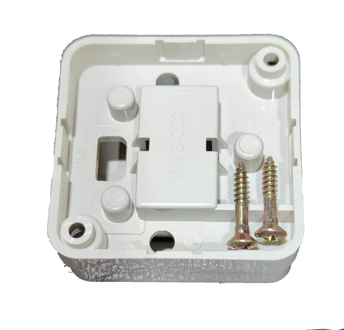 Omni 10A 220V wall light switch base with mounting screws in white