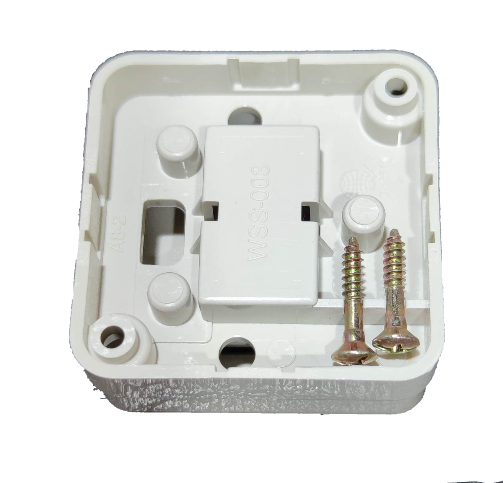 Omni 10A 220V wall light switch base with mounting screws in white