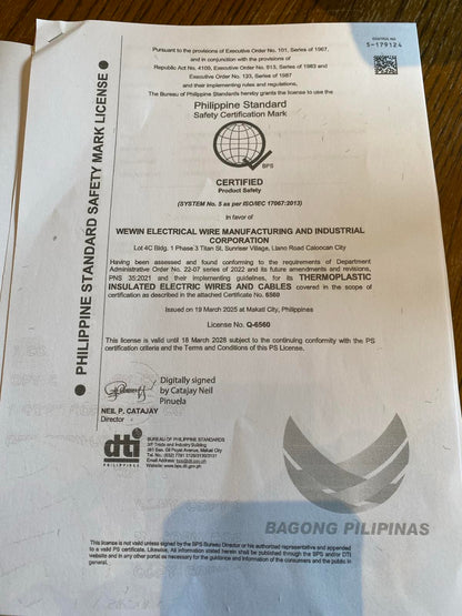 Philippine Standard Safety Mark License for 12 AWG green THHN wire 150 meters certification document