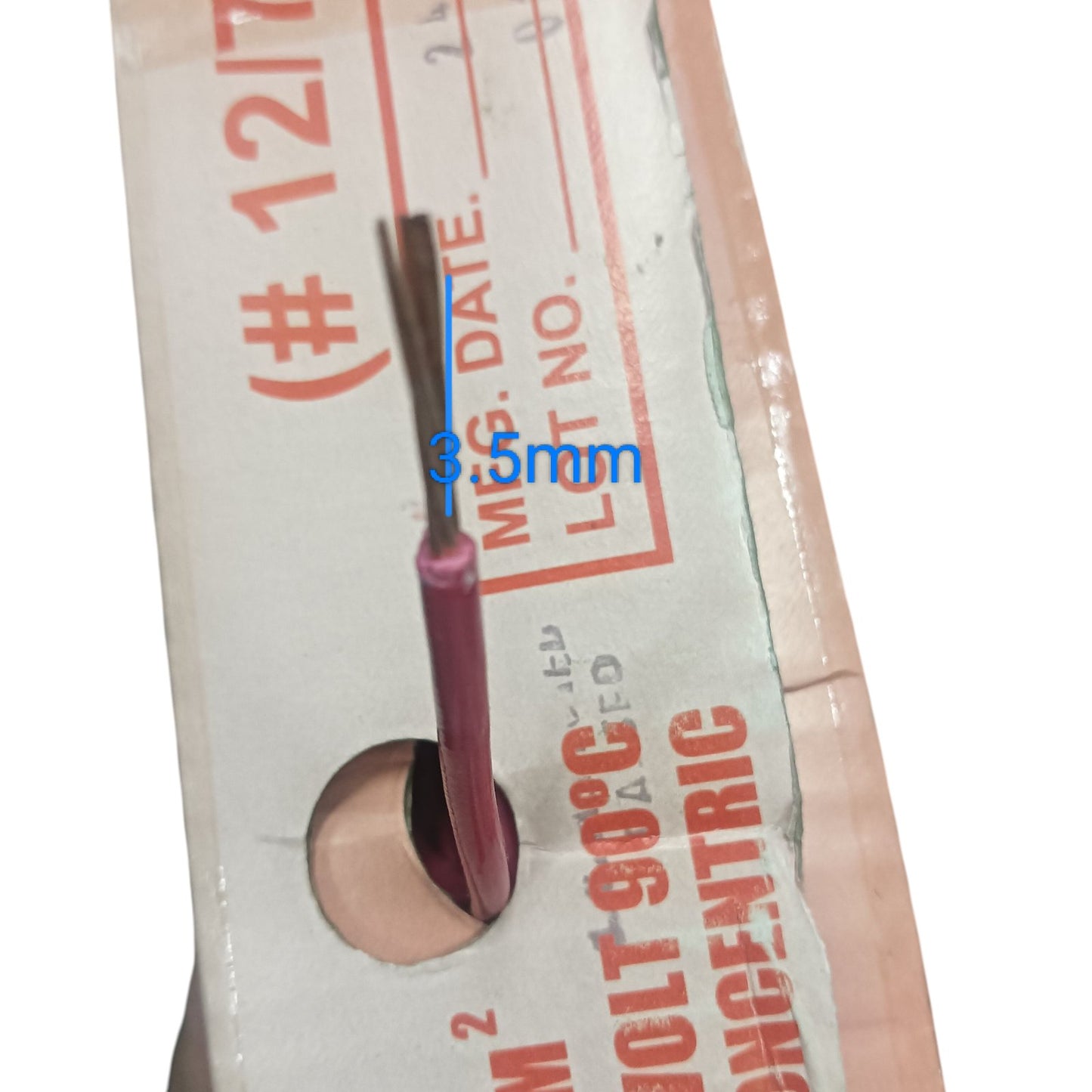 Omega 12 AWG THHN stranded wire red 1 Roll displayed showing the wire thickness and packaging details