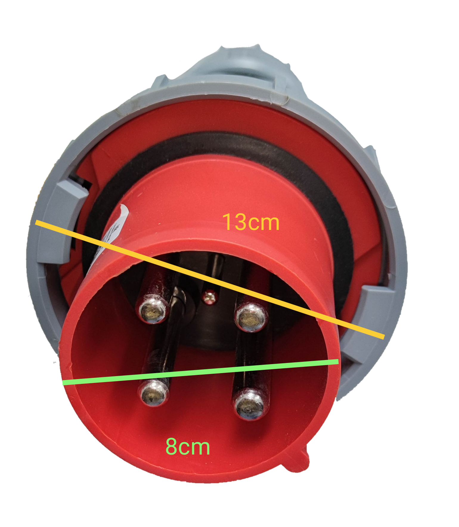 Grippes 125A industrial plug connector 4 pole with red and gray design and dimensions marked