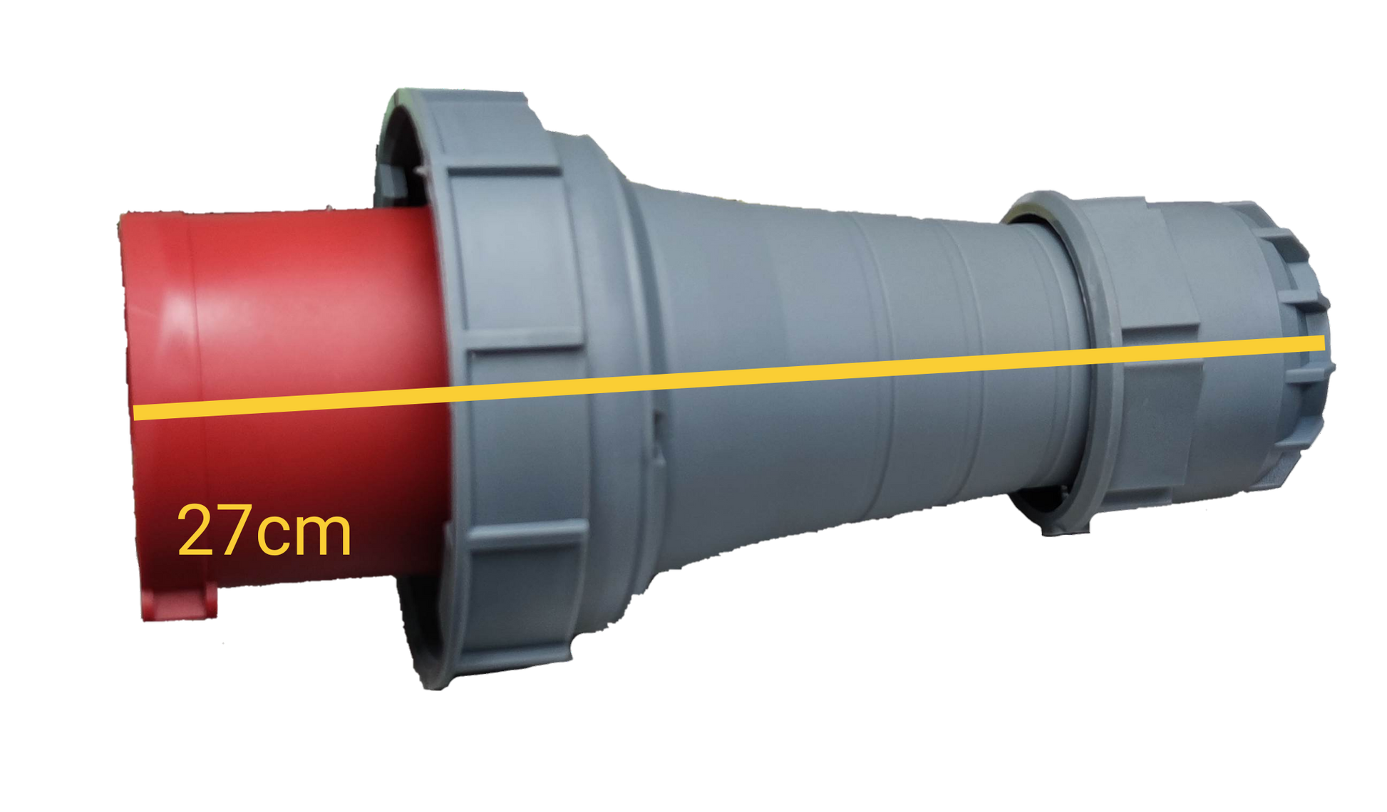 Grippes 125A industrial plug connector 4 pole in gray with a red end, measuring 27cm in length