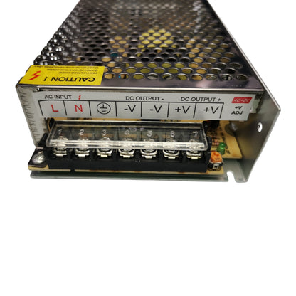 ZwitseRise 12V 5A power supply for CCTV with labeled AC input and DC output terminals