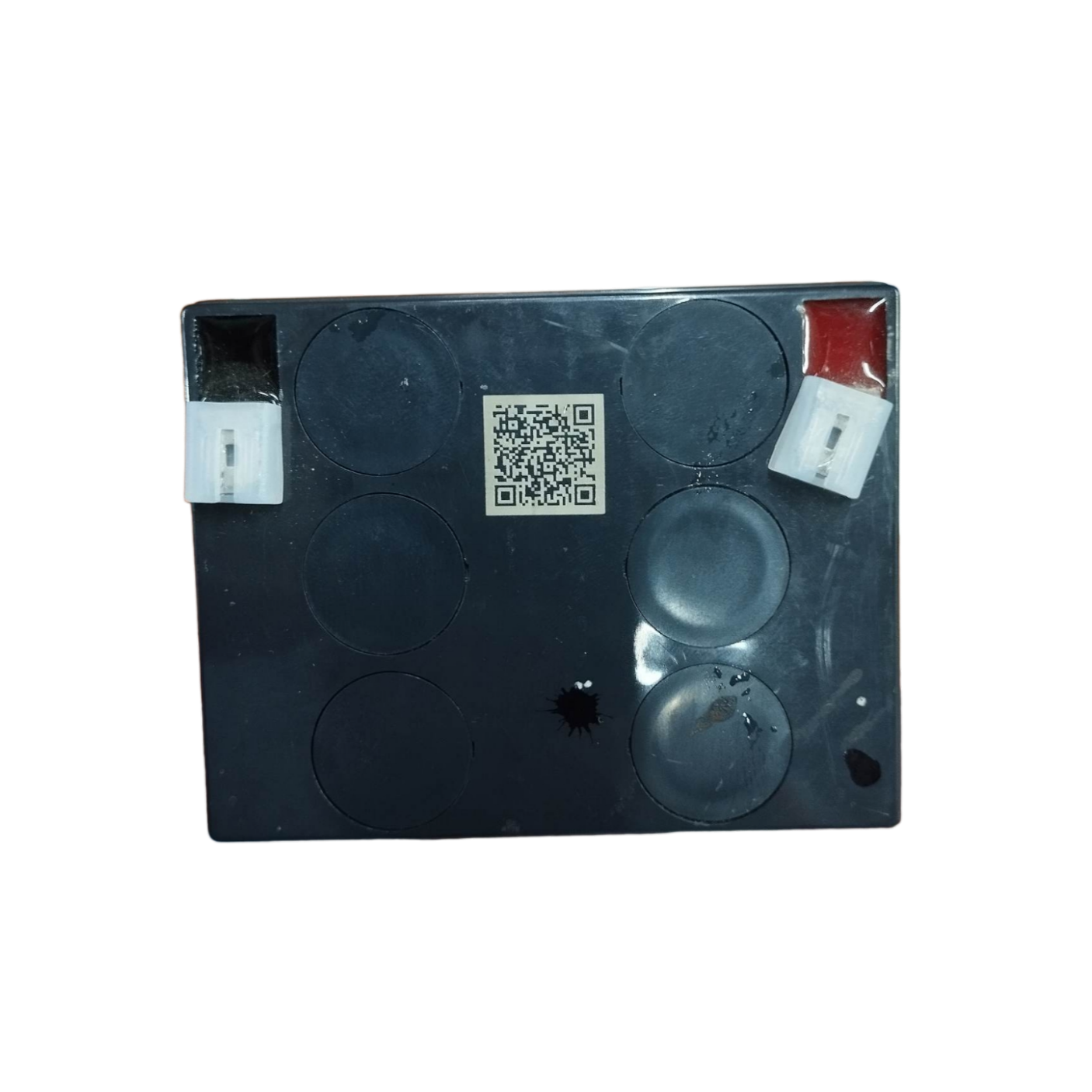 Local 12V 5AH sealed lead acid battery with black casing and red and black terminals