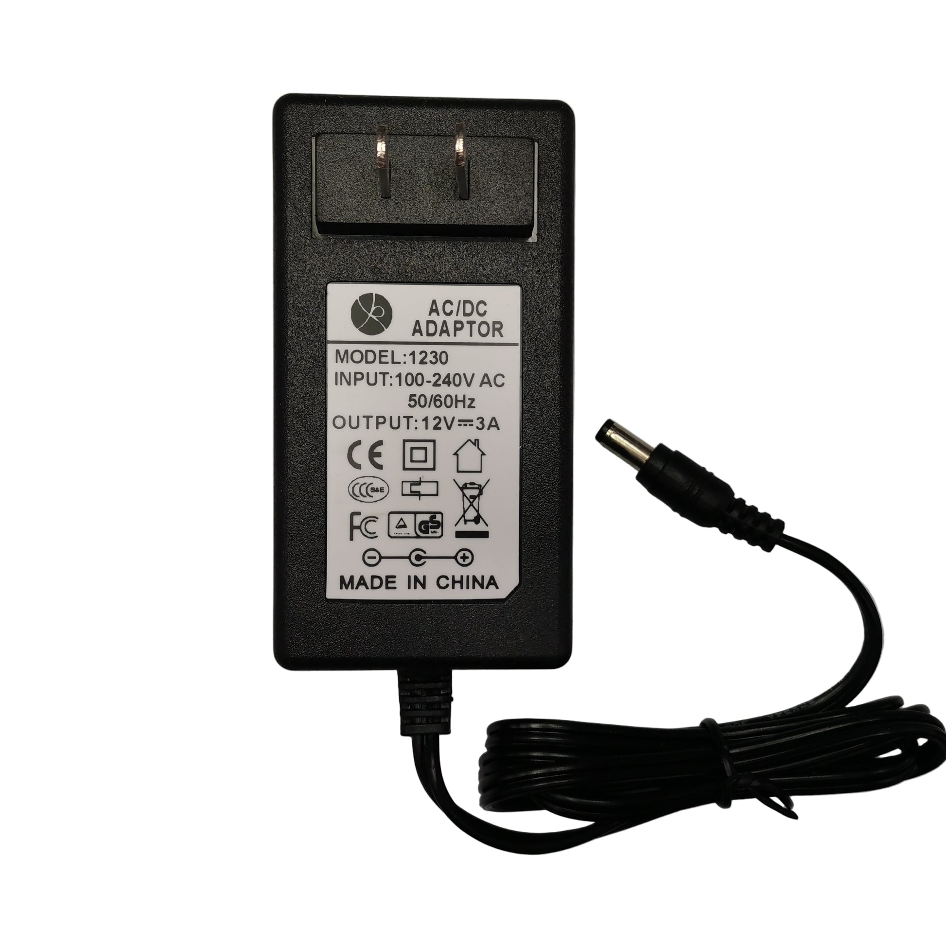 Grippes 12V DC 3A power adapter with input 100-240V AC and output jack for various devices
