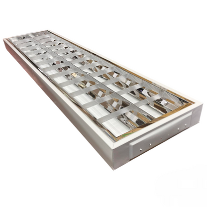 12x48 lighting fixture for LED fluorescent tubes by Light Master with reflective metal grid design