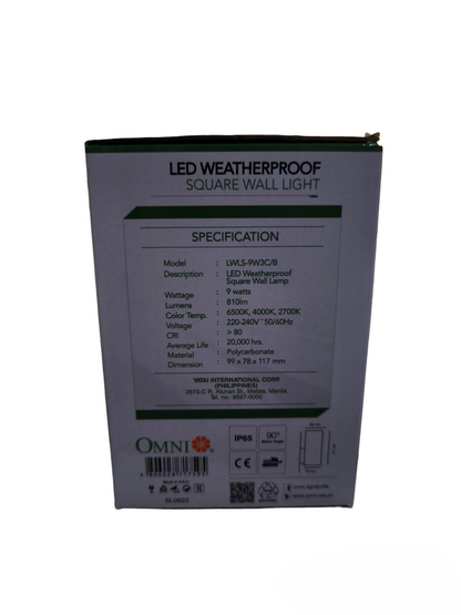 Omni LED Square Wall Light 220V Cool White 4000K LWLS-9W3C/B