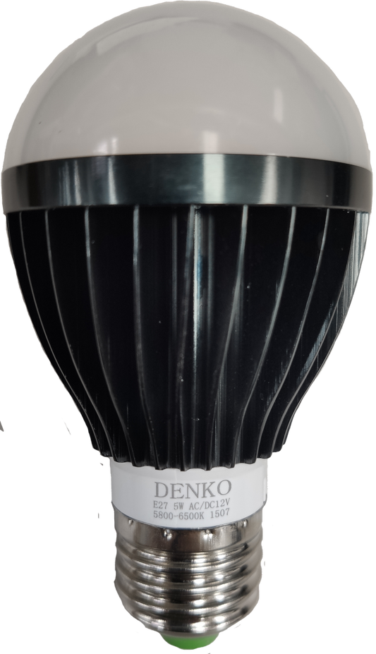 Denko LED Bulb 12V DC 5W E27 Daylight ( Aluminum Heat Sink, needs Battery to light up)