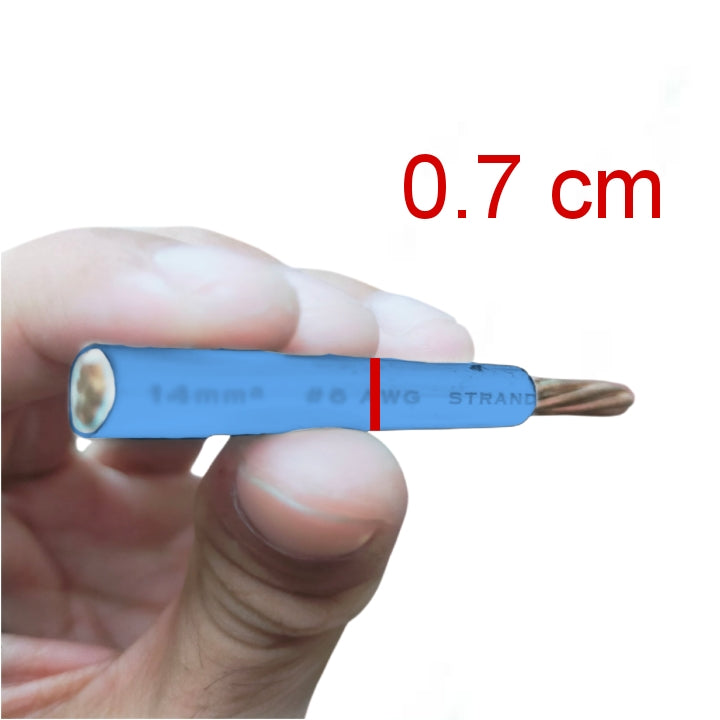 Person holding 14mm THHN Wire AWG 6 - Blue showing the wire's thickness and insulation details