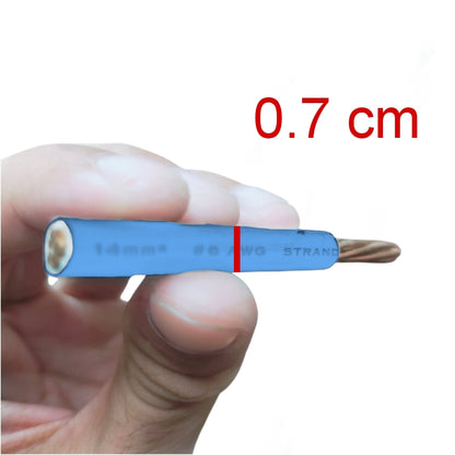 Person holding 14mm THHN Wire AWG 6 - Blue showing the wire's thickness and insulation details