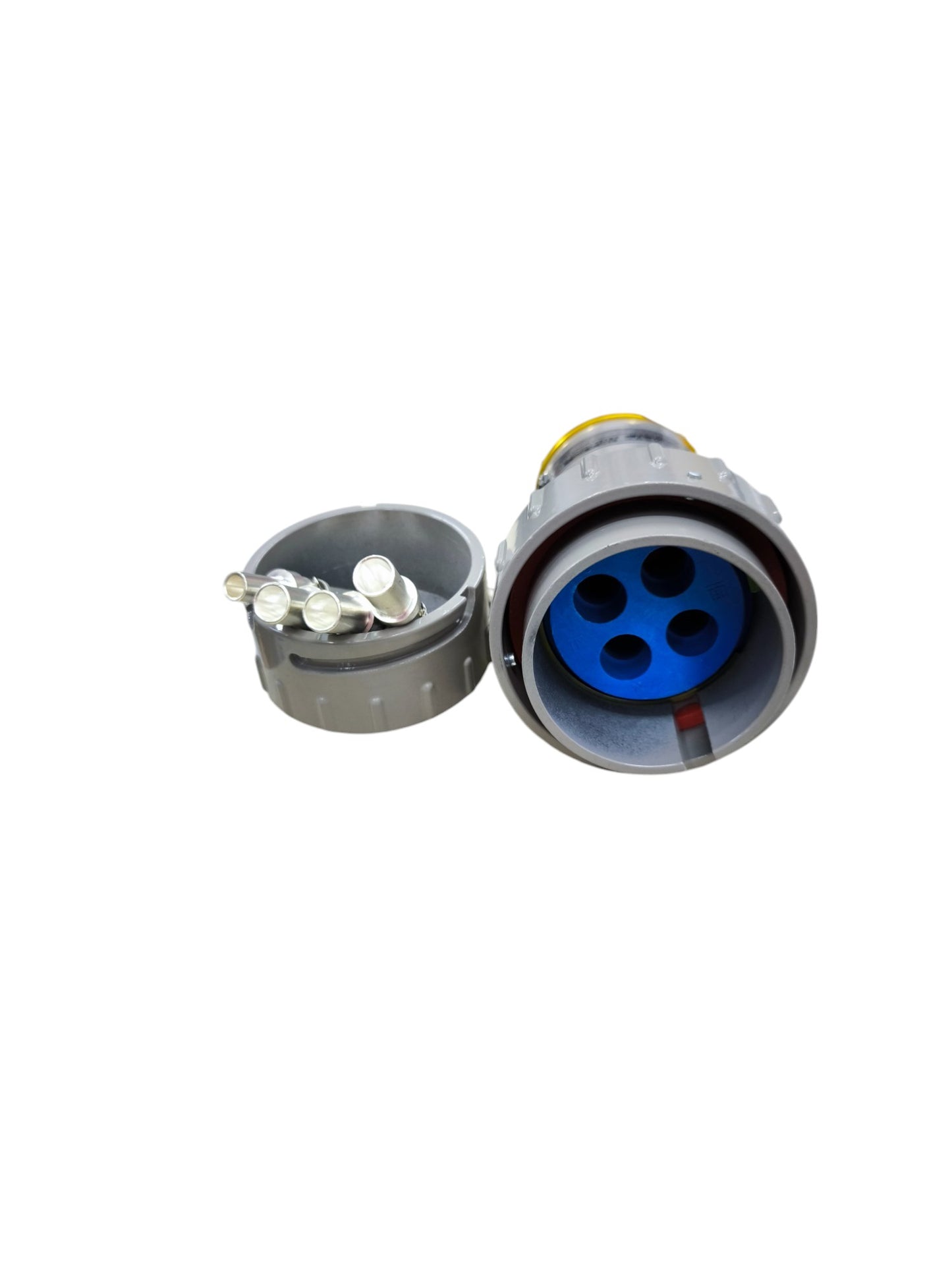 Grippes 150A 3 Phase 4 Pole Metal Casing plug with durable grey housing and blue connector interior