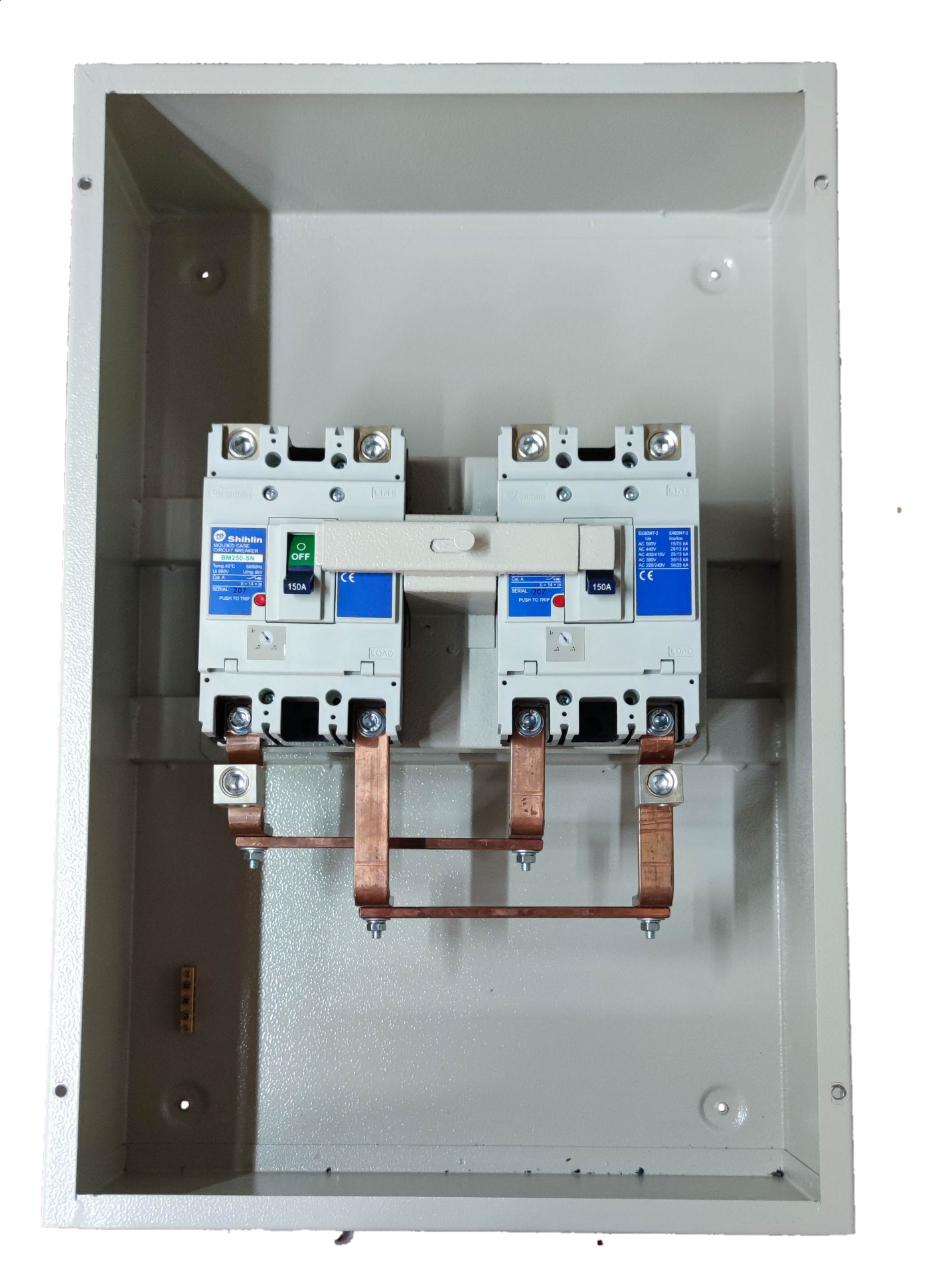 Shihlin 150A MTS 2 Pole Single Pole electrical circuitry part mounted inside a metal enclosure