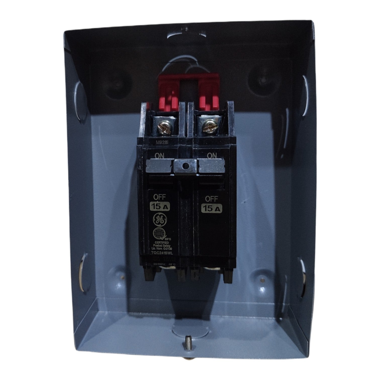 Electrical breaker panel with GE circuit breakers on a white background 40A 2pole Bolt On circuit Breaker with Nema 1 Metal Enclosure available at Electx Electrical SUpply