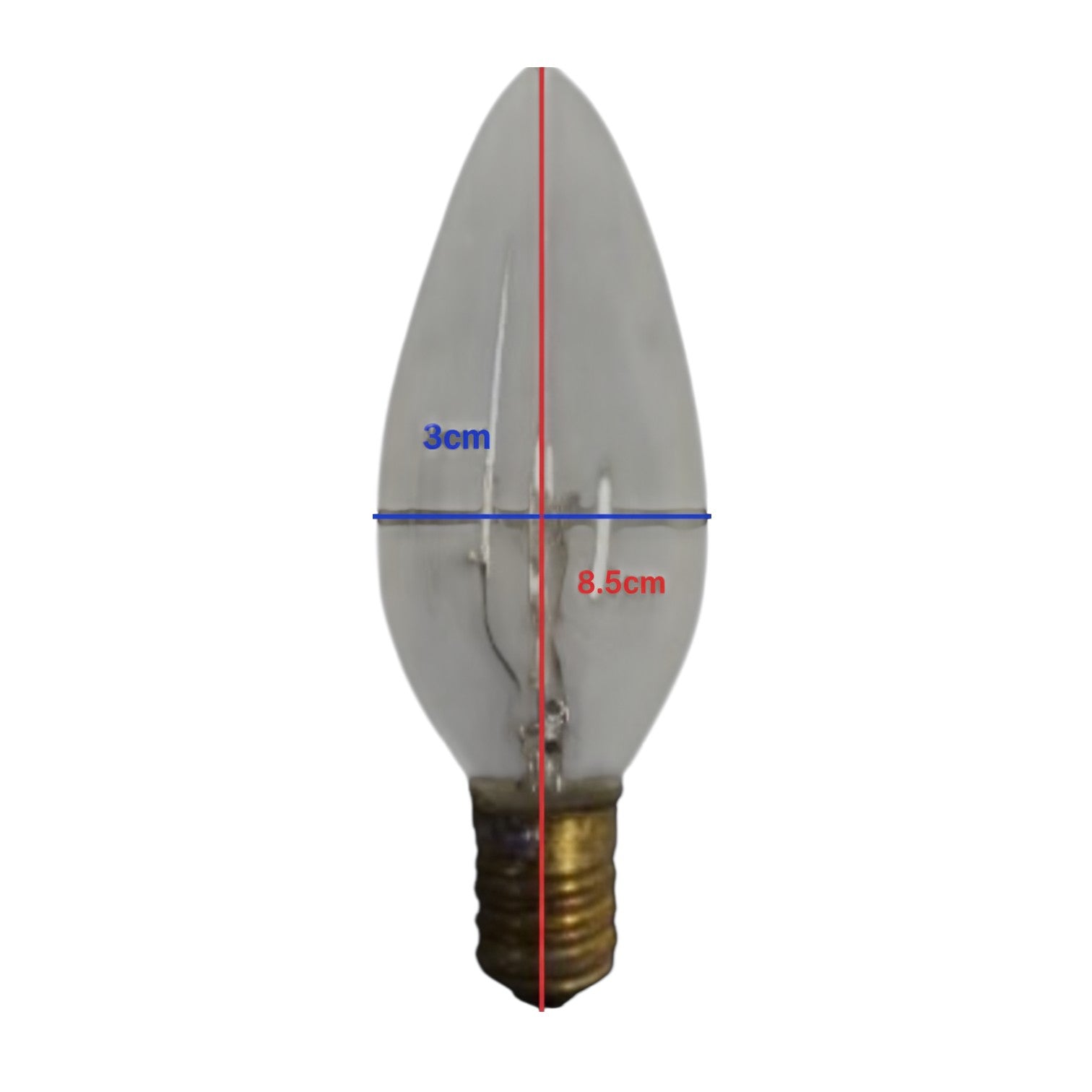Candle-shaped light bulb with measurements on a white background 15W Candle Bulb E-14 220V Incandescent Lamp Warm White 3000K Electx Electrical Supply
