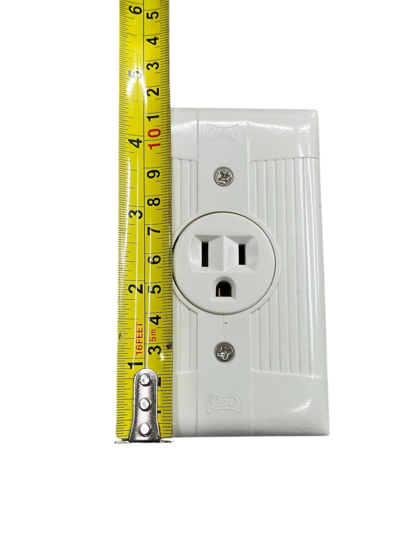 Eagle 15a 250v electrical outlet white with measurement tape for size reference
