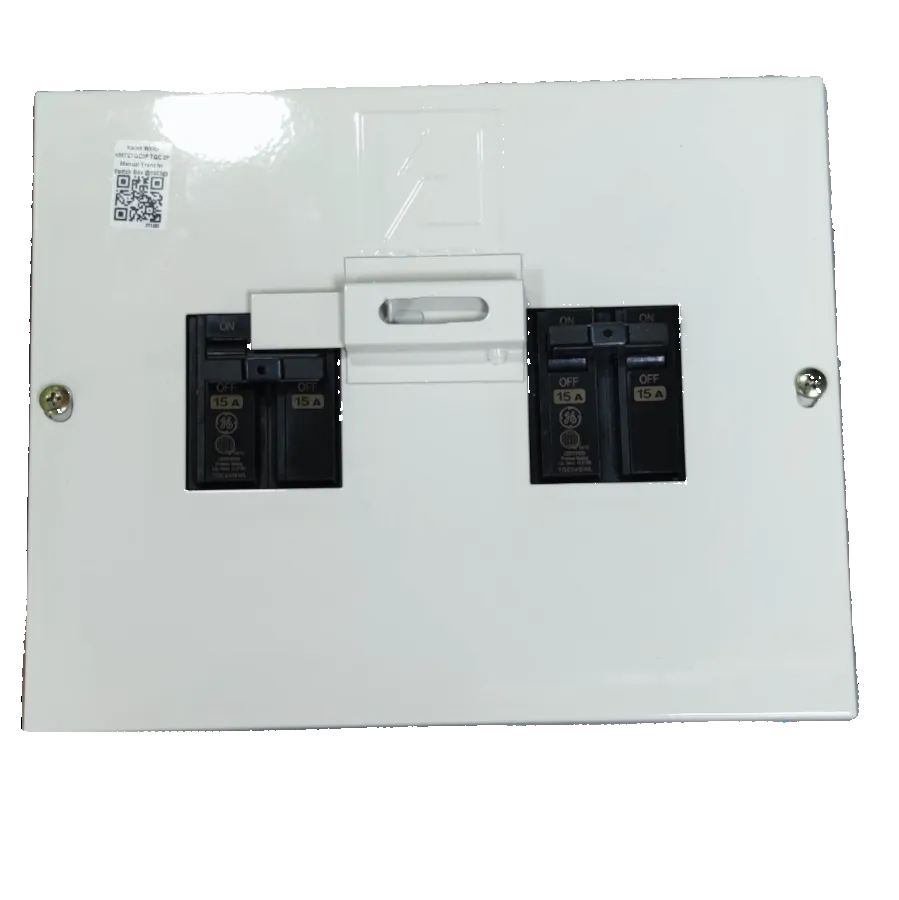 15A DPDT manual transfer switch in white metal enclosure by GE and Koten for electrical circuitry