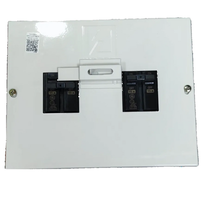 15A DPDT manual transfer switch in white metal enclosure by GE and Koten for electrical circuitry
