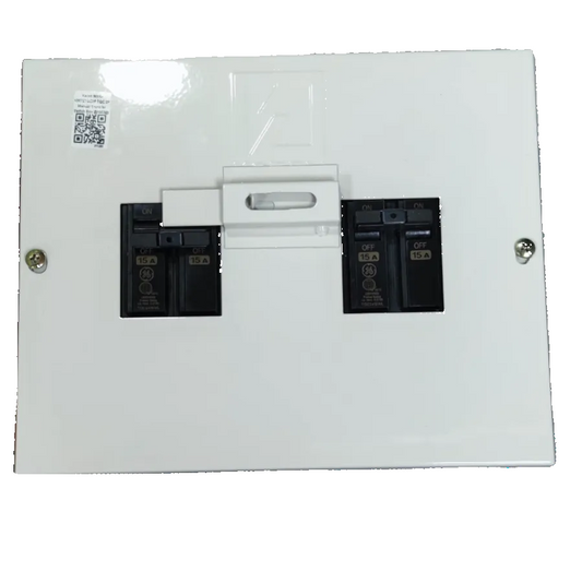 15A DPDT manual transfer switch in white metal enclosure by GE and Koten for electrical circuitry