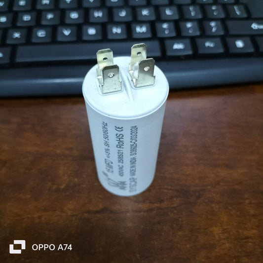 15MFD motor running capacitor by Syscap with dual prong connectors for electrical applications