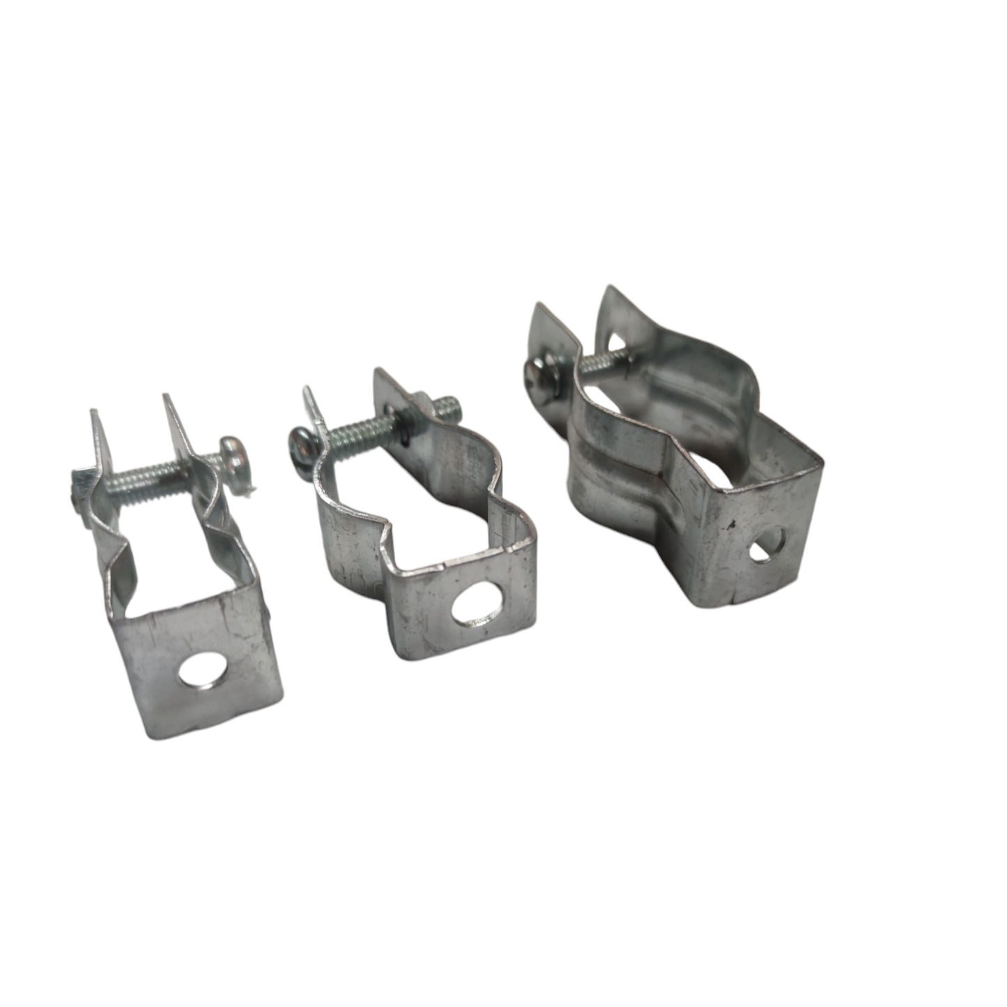 Set of three metal clamps for securing cables, including a 15mm electrical conduit clamp