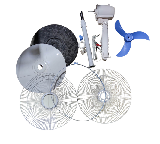 Disassembled 16 inch 12V DC stand fan parts including blades, motor, and protective grills from China