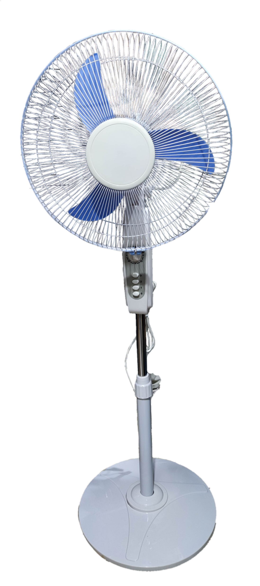 16 inch 12V DC stand fan with blue blades and white protective grill on adjustable pole