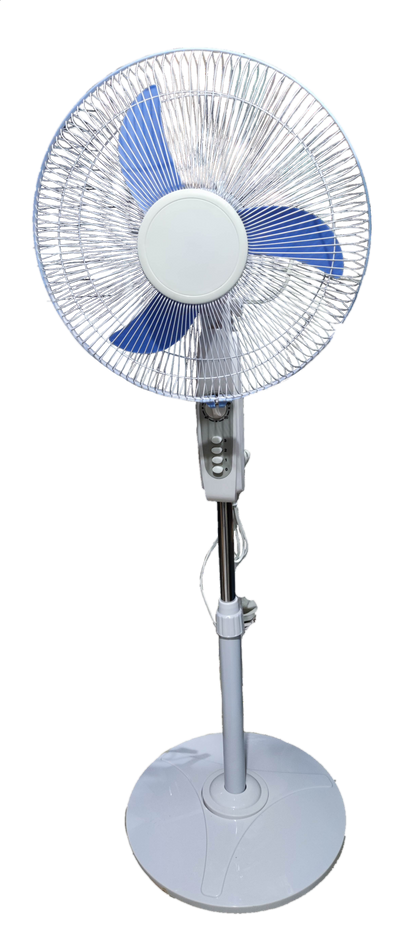 16 inch 12V DC stand fan with blue blades and white protective grill on adjustable pole