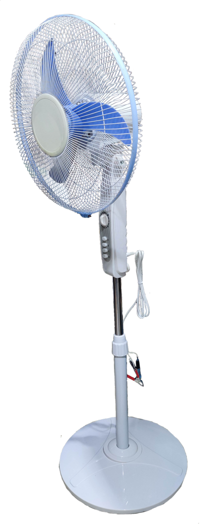 16 inch 12V DC stand fan with blue blades and white base from China for efficient cooling